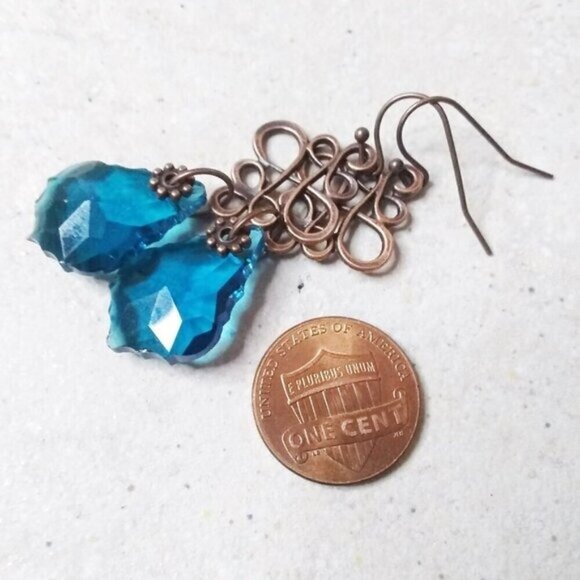Teal Blue Fancy Cut Glass Drop Earrings - Blue & Copper! Dress Up + Feel Sexy! - Picture 6 of 8